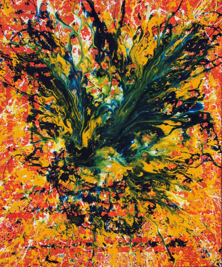 Obra abstracta en naranjas y verdes
